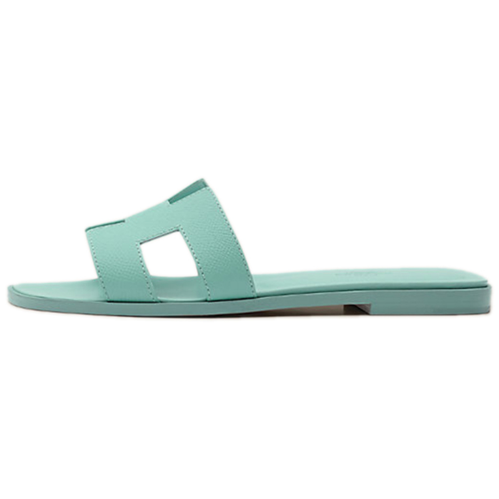 Hermes Oran leather one-line flat heel round head fashion sandals women's sea foam green, H202272Z 08