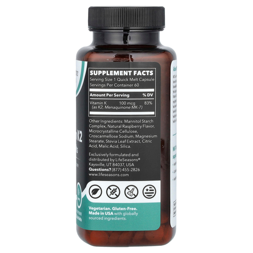 LifeSeasons, Essential, MK-7, витамин K2, быстрорастворимый витамин, ягодный вкус, 60 быстрорастворимых экстрактов (100 мкг в каждом)
