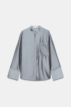 ZARA РУБАШКА С ВЫШИВКОЙ И КАРМАНОМ — ZW COLLECTION, СЕРО-СИНИЙ