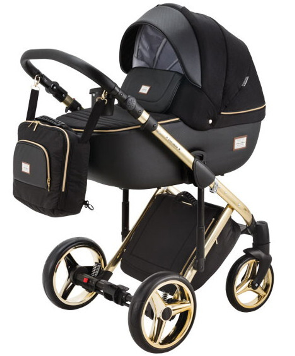 Детская коляска Adamex Luciano Special Edition 2 в 1 Q85  (ЧЕРН+ЧЕРН.ПЕРФ.КОЖА+ЗОЛОТО РАМА)