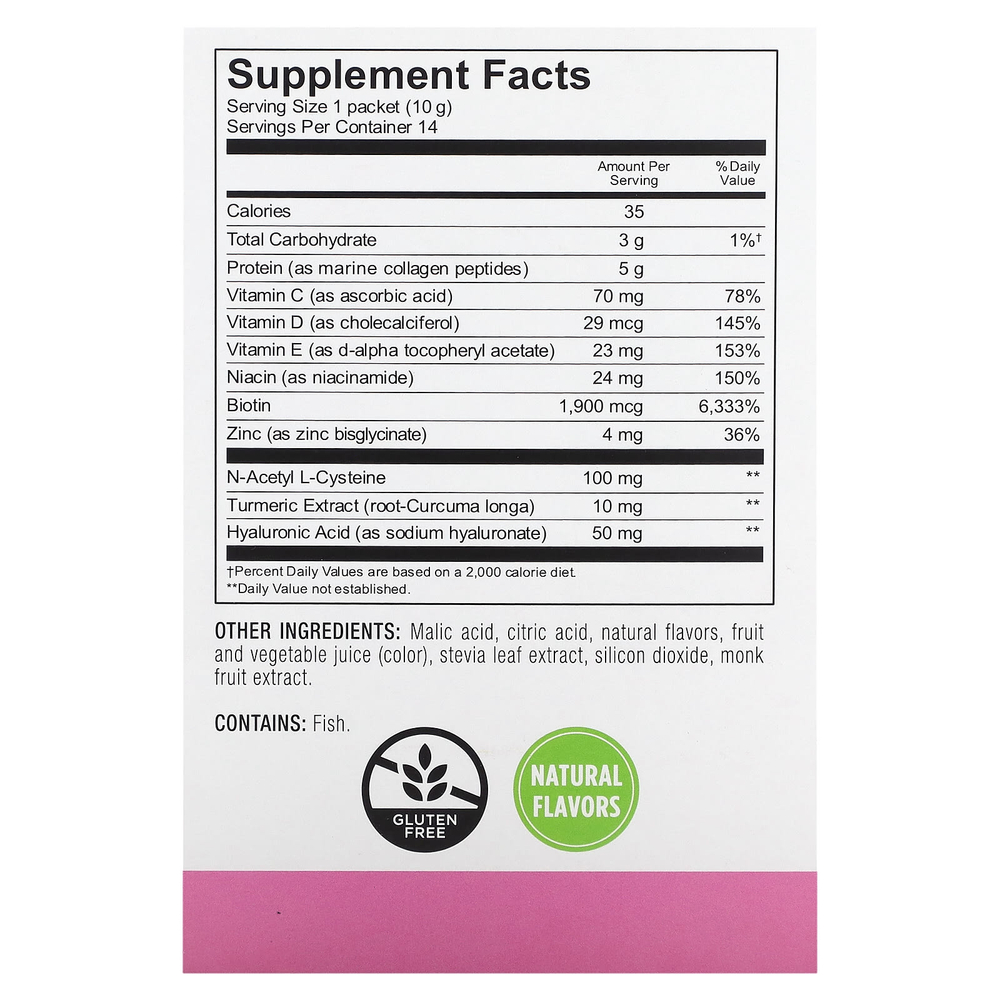 Mason Natural, Морской коллаген с биотином, гиалуроновая кислота, куркума и цинк, гранат и голубика, 14 капсул по 10 г (0,35 унции)