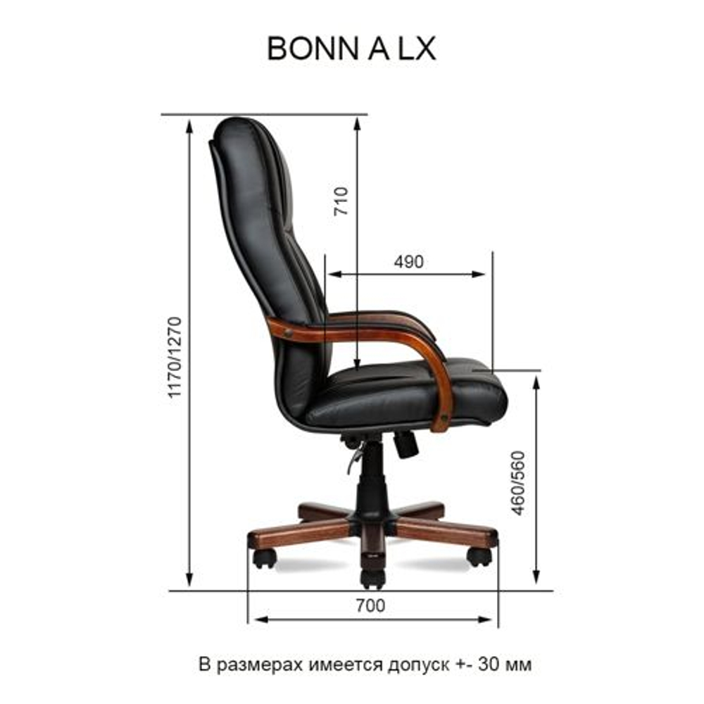 Кресло руководителя Мирэй BONN A LX, Кожа, черный, Прямоугольный (LX)