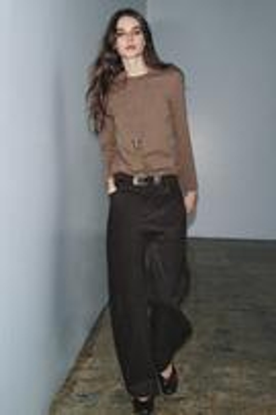 ZARA ФУТБОЛКА INTERLOCK С ДЛИННЫМИ РУКАВАМИ, СЕРО-КОРИЧНЕВЫЙ