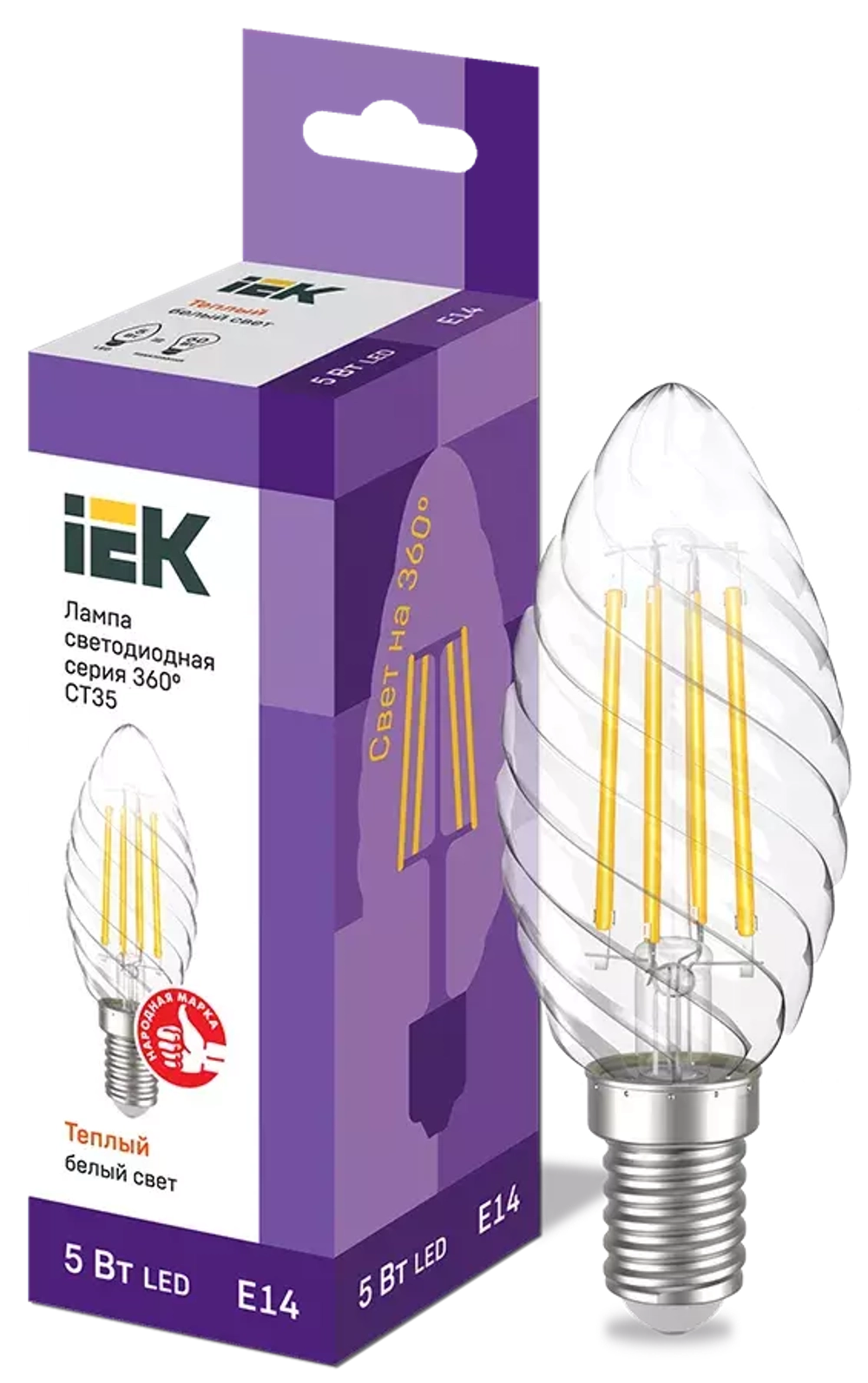 Лампа светодиодная CT35 свеча вит. 5Вт 230В 3000К E14 серия 360° IEK LLF-CT35-5-230-30-E14-CL