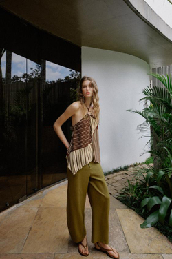 ZARA ТОП С ГОРЛОВИНОЙ ХАЛТЕР И БУСИНАМИ, ЭКРЮ/КОРИЧНЕВЫЙ