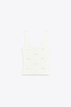 ZARA ТОП С БАНТАМИ ИЗ СТРАЗОВ И БУСИНАМИ, БЕЛЫЙ