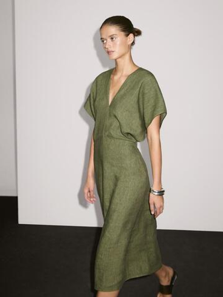 Massimo Dutti Льняное платье миди с короткими рукавами, зеленый