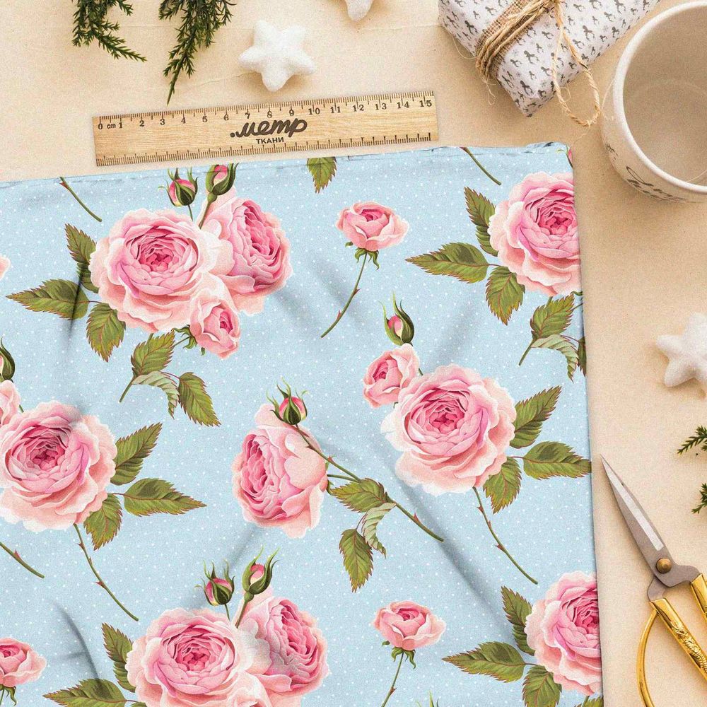 Ткань шелк Армани нежные розы на голубом