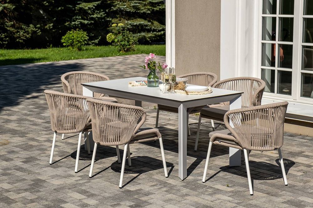 "Венето" обеденная группа на 6 персон со стульями "Милан", каркас белый, роуп бежевый