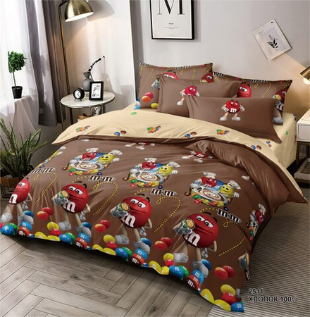 Комплект постельного белья 1.5 сп с простыней на рез.90х200 ПОПЛИН "M&Ms шоколадный 2511 ЕМ" (нав. 50х70 или 70х70)