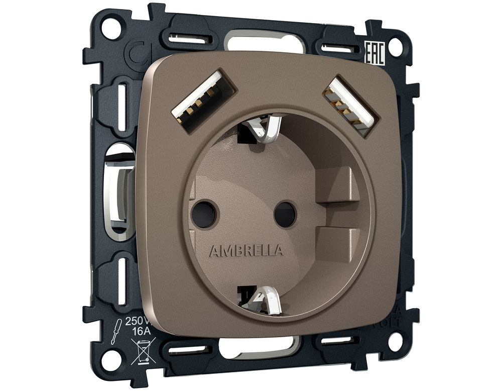 MO639010 Комплект механизма электрической розетки OMEGA Темная бронза матовый 2USB A+A 18W (быстрая зарядка) с/з QUANT (OP6390, VM155)