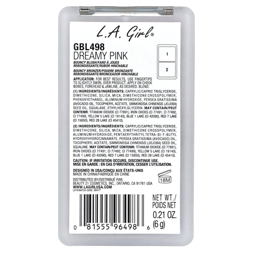 L.A. Girl, On Облако Nine, упругие румяна и бронзер, GBL498 Dreamy Pink, 6 г (0,21 унции)