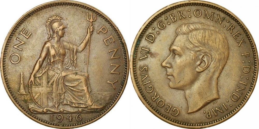 Великобритания 1 пенни, 1937-1948 Король Георг VF XF