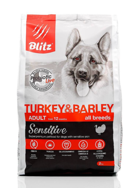 Blitz 2кг Sensitive Turkey&Barley Сухой корм для собак Индейка и ячмень