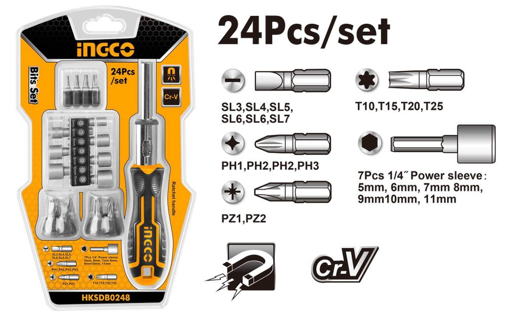 Отверткa реверсивная с набором бит и держателем INGCO HKSDB0248 24 шт.