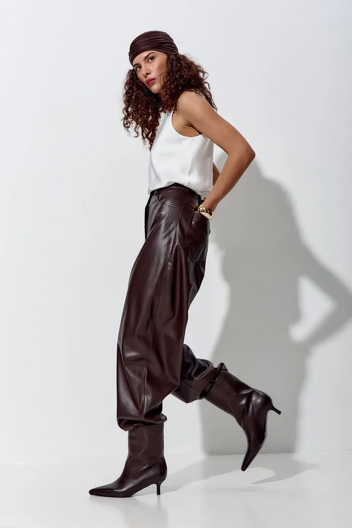 Брюки Baggy из экокожи шоколадного цвета