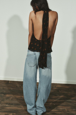 ZARA ТОП ИЗ ЖОРЖЕТА С ГОРЛОВИНОЙ ХАЛТЕР В ГОРОШЕК, ОТТЕНКИ КОРИЧНЕВОГО