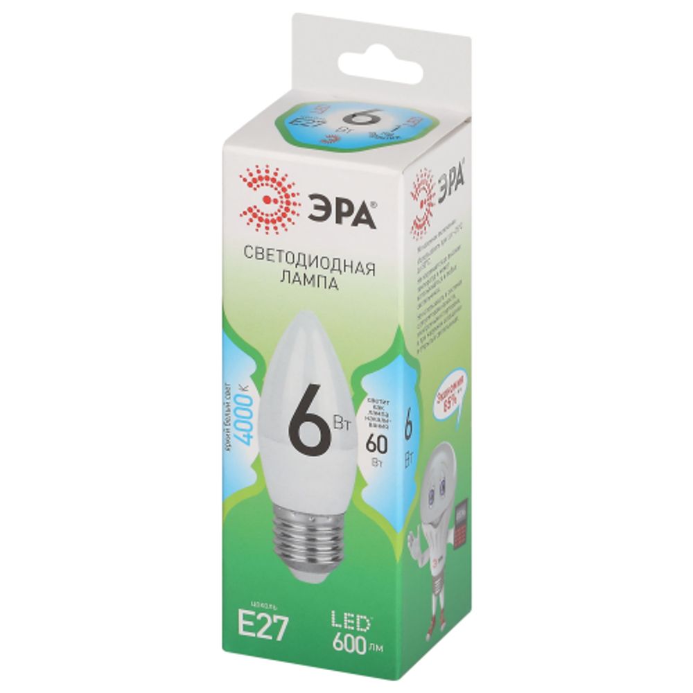 Лампа светодиодная ЭРА GREEN LINE LED B35-6W-840-E27 GL 6Вт свеча яркий белый свет E27 | Лампы cветодиодные Свеча (B/C)
