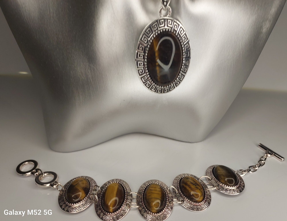 Комплект бижутерии "Тигровый глаз" - Овал (натуральный камень, бижутерный сплав)