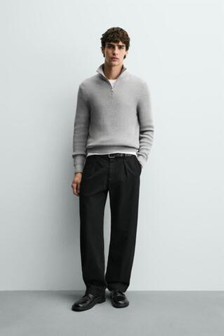 ZARA ДЖЕМПЕР ВЯЗАНЫЙ ЖЕМЧУЖНЫМ УЗОРОМ С ВОРОТНИКОМ НА МОЛНИИ, СЕРЫЙ МЕЛАНЖ