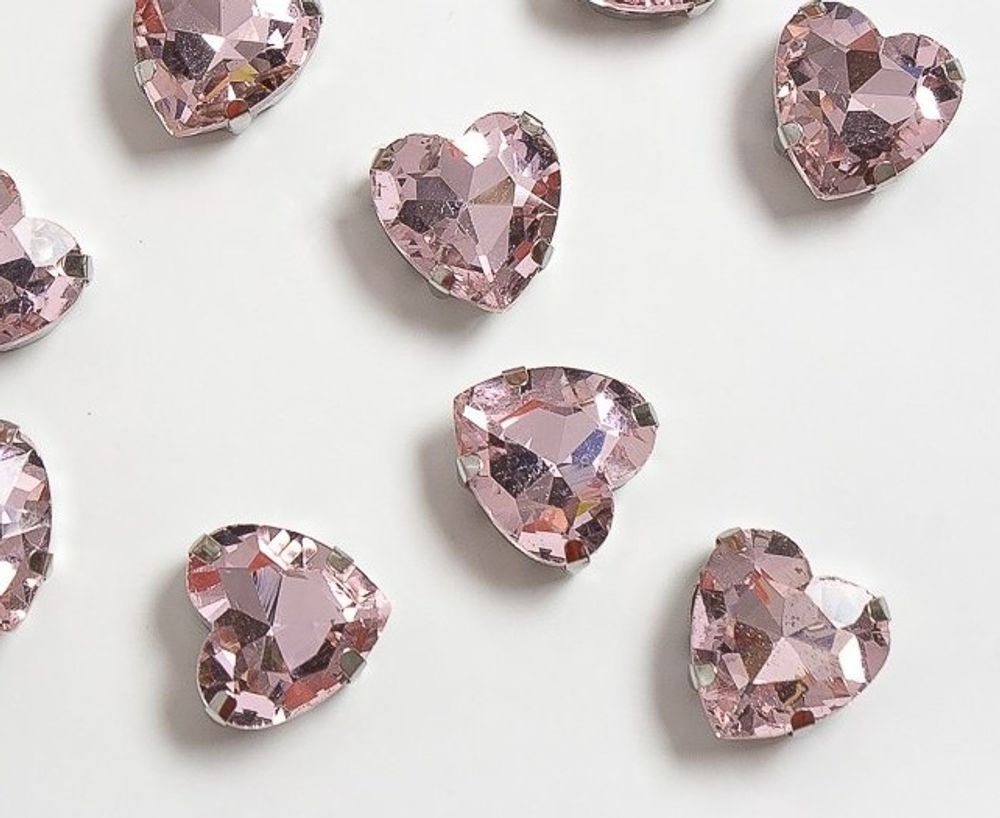 Стразы пришивные стекло в оправе "Сердечко", р. 12 мм, светло-розовый