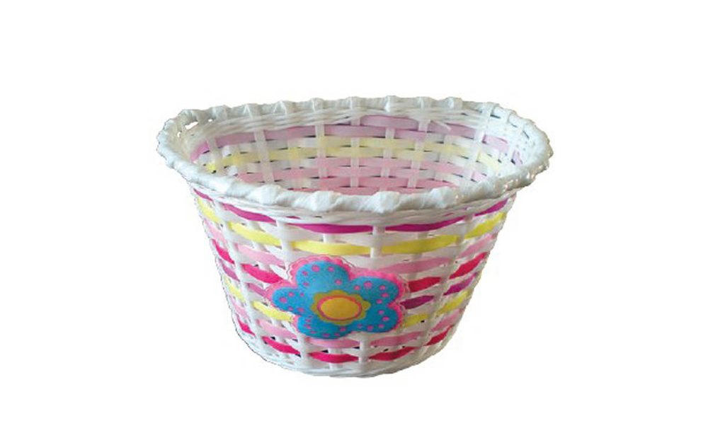 Корзина TRIX для дет. вел. 12"-16", креп. на руль, 235х165х155мм, пласт., плетёная, желто-розово-бел
