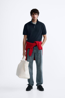 ZARA ПОЛО ИЗ РЕЛЬЕФНОГО ТРИКОТАЖА, МОРСКОЙ СИНИЙ