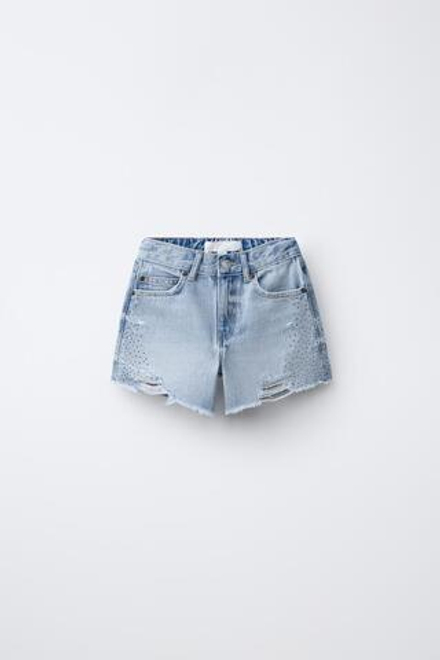 ZARA ДЖИНСОВЫЕ ШОРТЫ СО СТРАЗАМИ И РАЗРЕЗАМИ, СИНИЙ