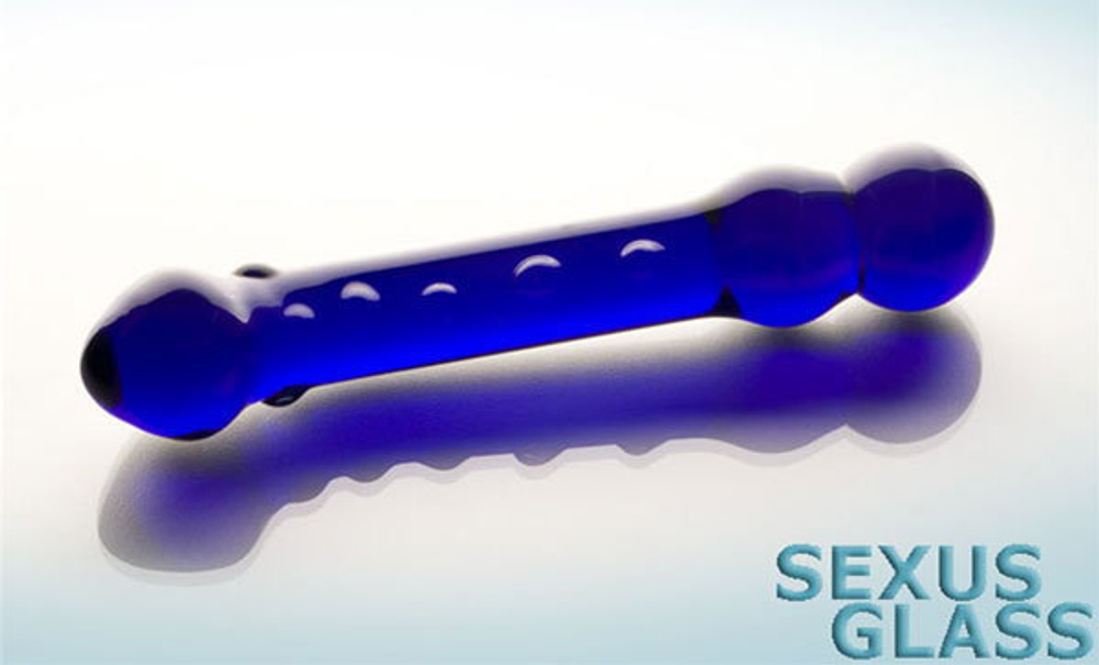 Двойной стеклянный фаллос синего цвета