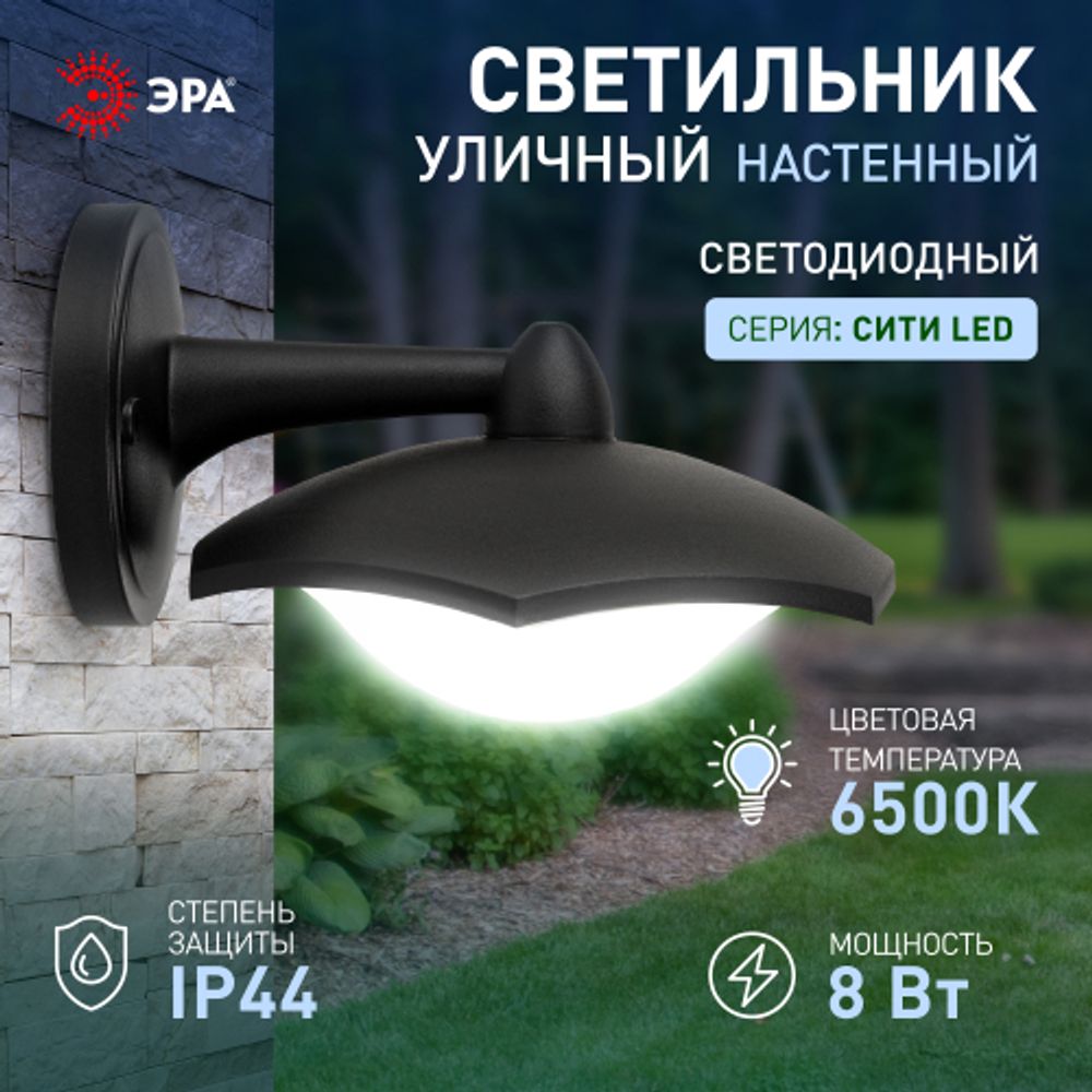 Садово-парковый светильник ЭРА ДБУ 07-8-007 Дели 5 черный 6 гранный настенный IP44 светодиодный 8Вт 6500K