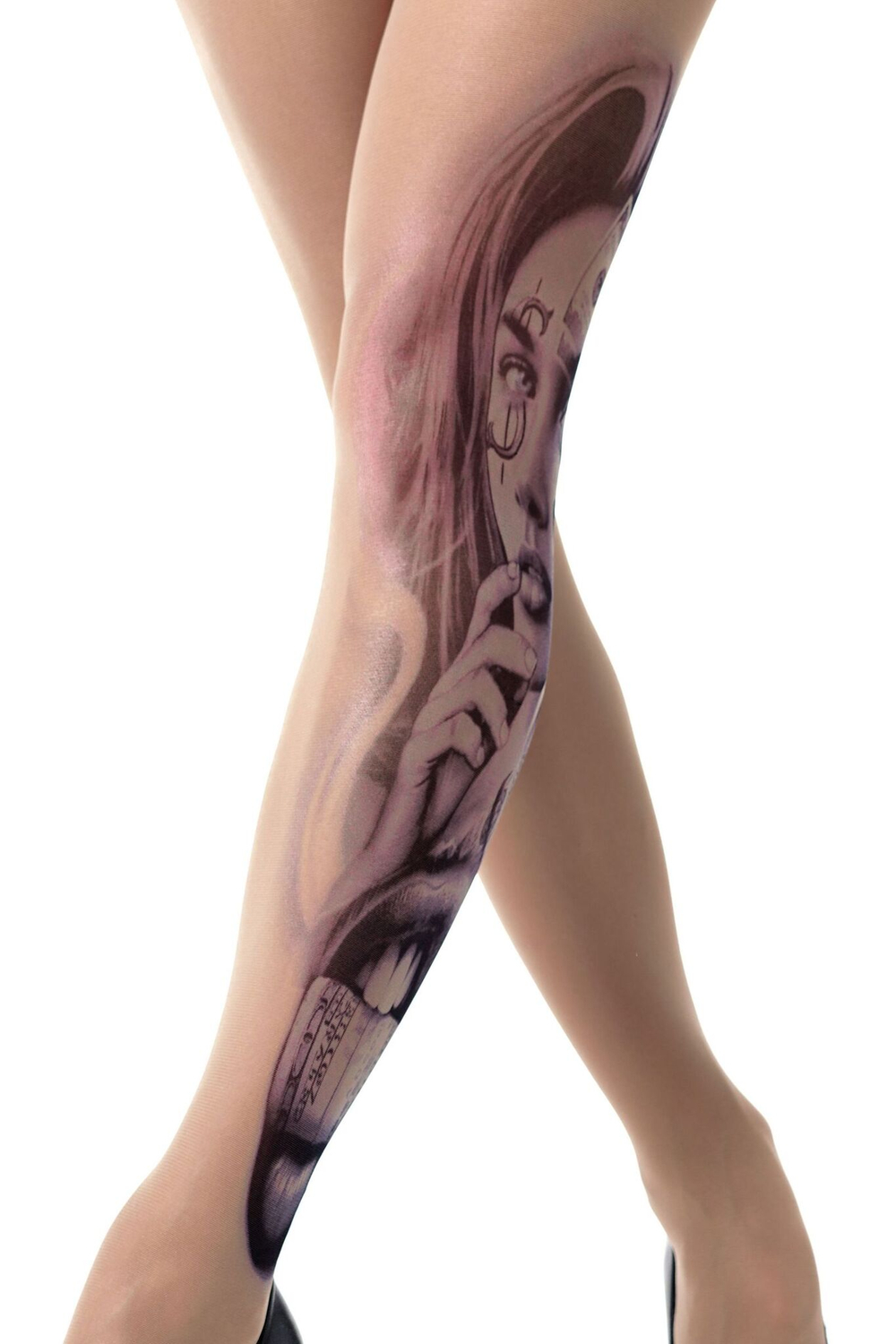 Колготки с принтом-тату в виде девушки с купюрами (Размер: S-M-L) (Цвет: бежевый)