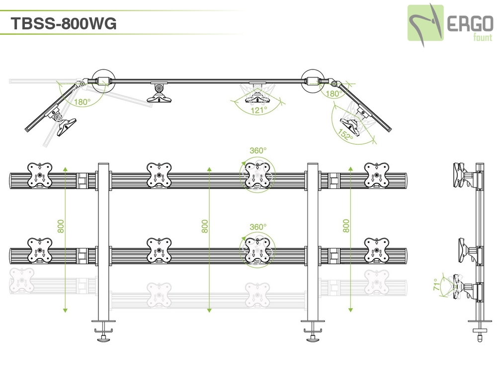 ErgoFount TBSS-800WG Настольное крепление для 8 мониторов диагональю до 24'' конфигурации 2х4 со струбциной к столу типа "G". Цвет - серебристый