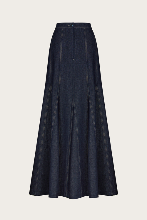 ЮБКА-МАКСИ С КЛИНЬЯМИ ИЗ ТЕМНО-СИНЕГО ХЛОПКОВОГО ДЕНИМА