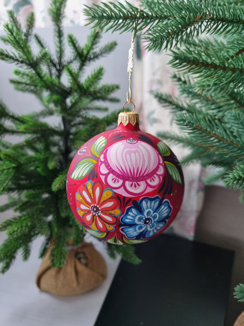 Шар стеклянный "Городецкая роспись" цветы, ручная работа