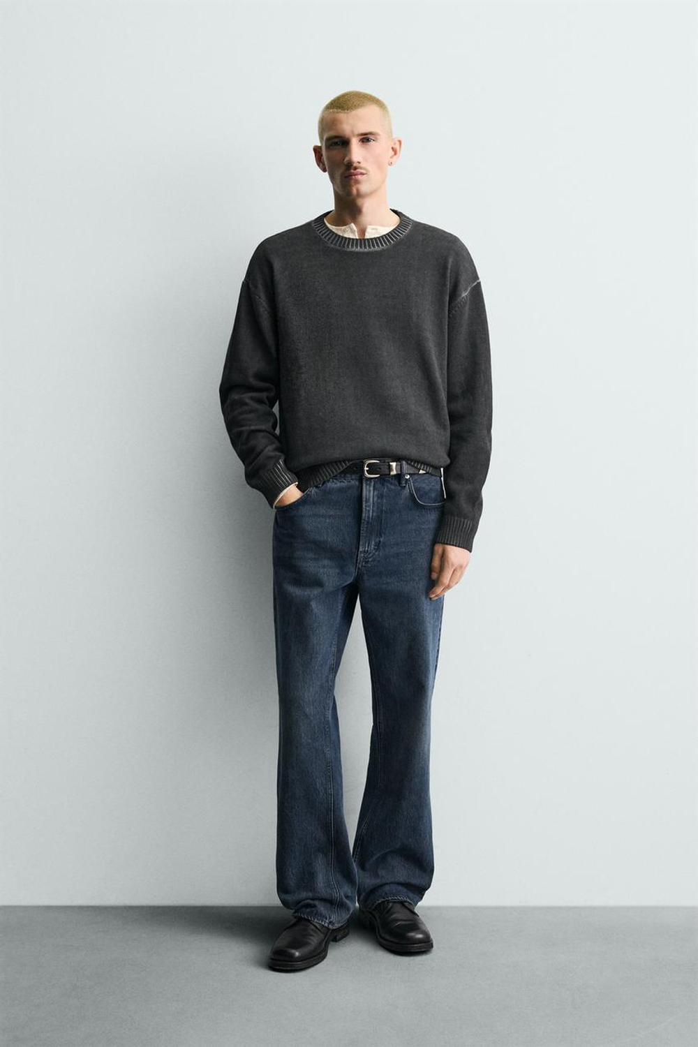 ZARA СВИТЕР ИЗ РЕЛЬЕФНОЙ ТКАНИ С ЭФФЕКТОМ ПОТЕРТОСТИ, ЧЕРНЫЙ