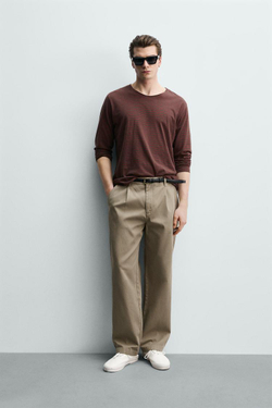 ZARA БРЮКИ ЧИНОС RELAXED FIT СО СКЛАДКАМИ, БЕЖЕВЫЙ