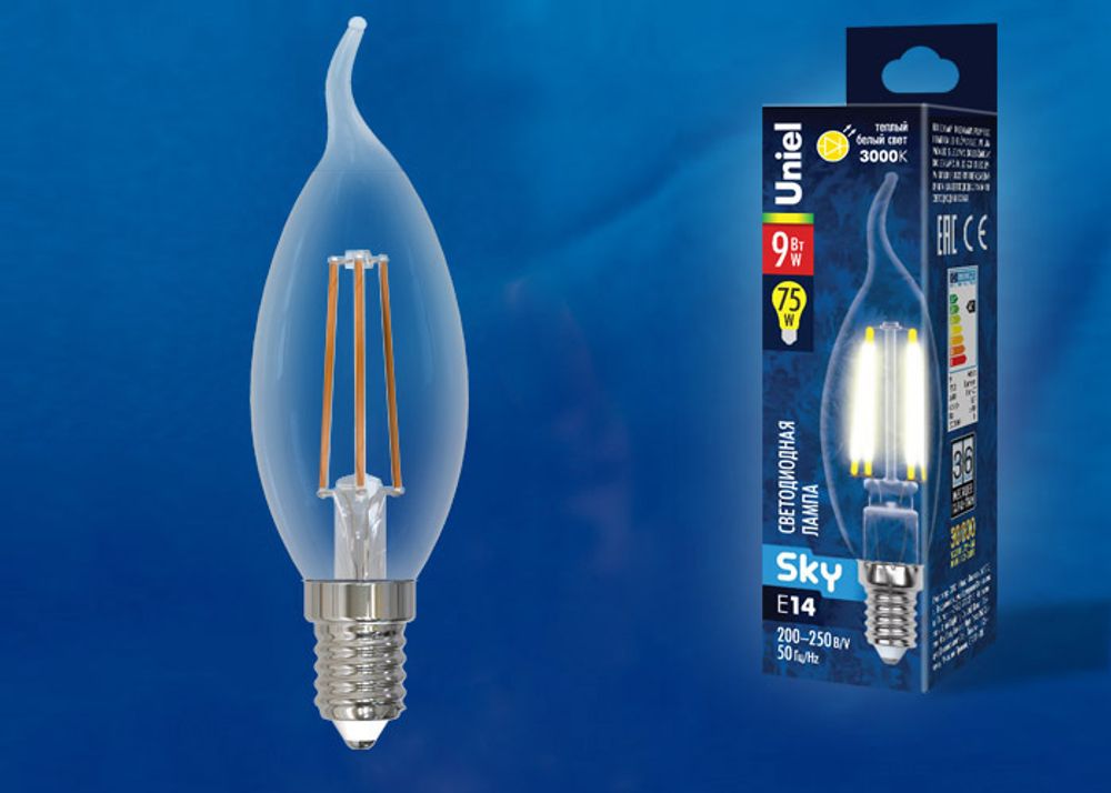 LED-CW35-9W/3000K/E14/CL PLS02WH Лампа светодиодная. Форма свеча на ветру, прозрачная. Серия Sky. Теплый белый свет (3000К). Картон. ТМ Uniel.