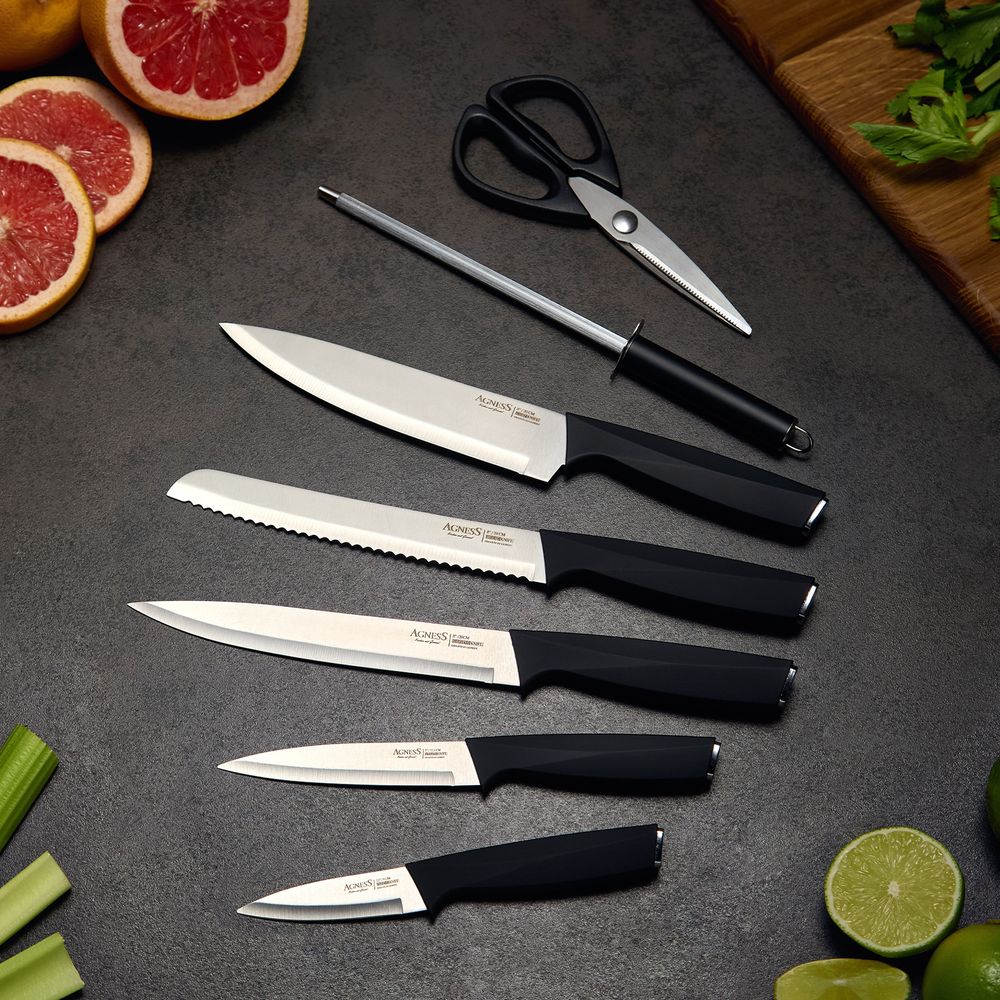 НАБОР НОЖЕЙ AGNESS НЖС НА ПЛАСТИКОВОЙ ВРАЩАЮЩЕЙСЯ ПОДСТАВКЕ 8 ПР.