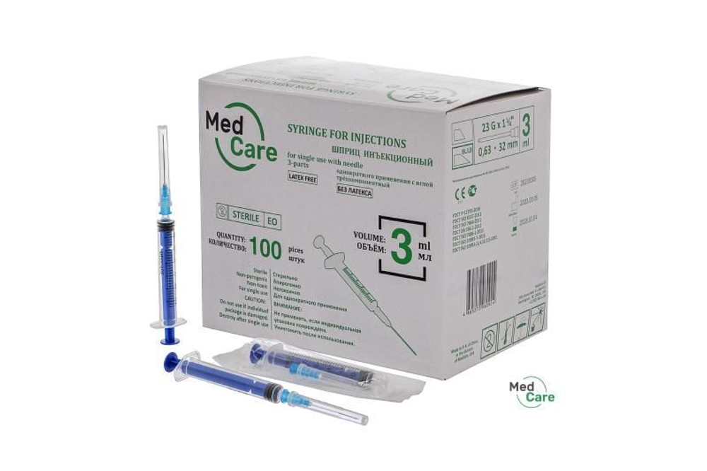 Шприц одноразовый 3 мл 3-х компонентный MedCare с иглой 23G 0,63х32 мм, 100 шт.