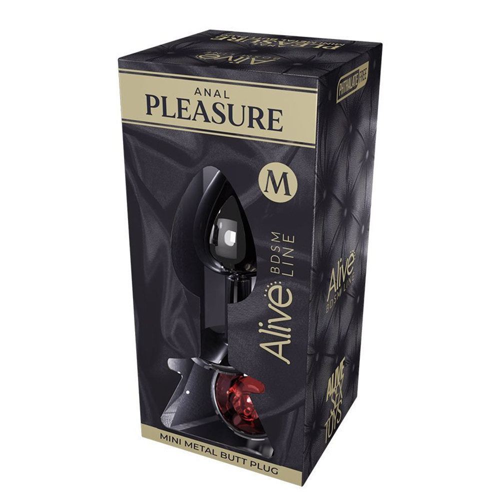 Серебристая анальная втулка Mini Metal Butt Plug Size M с красным кристаллом (Цвет: серебристый)