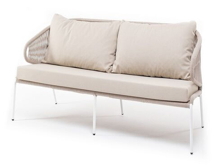 "Милан" диван 2-местный плетеный из роупа, каркас алюминий белый, роуп бежевый круглый, ткань бежевая