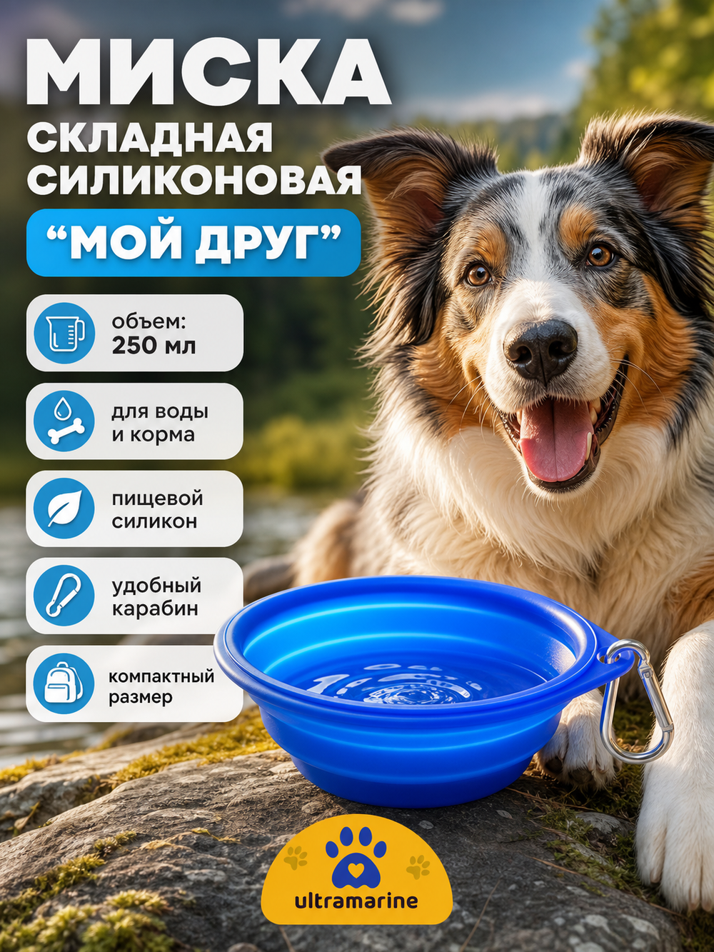 Миска складная силиконовая с карабином «Мой Бро», цвет синий, 250мл