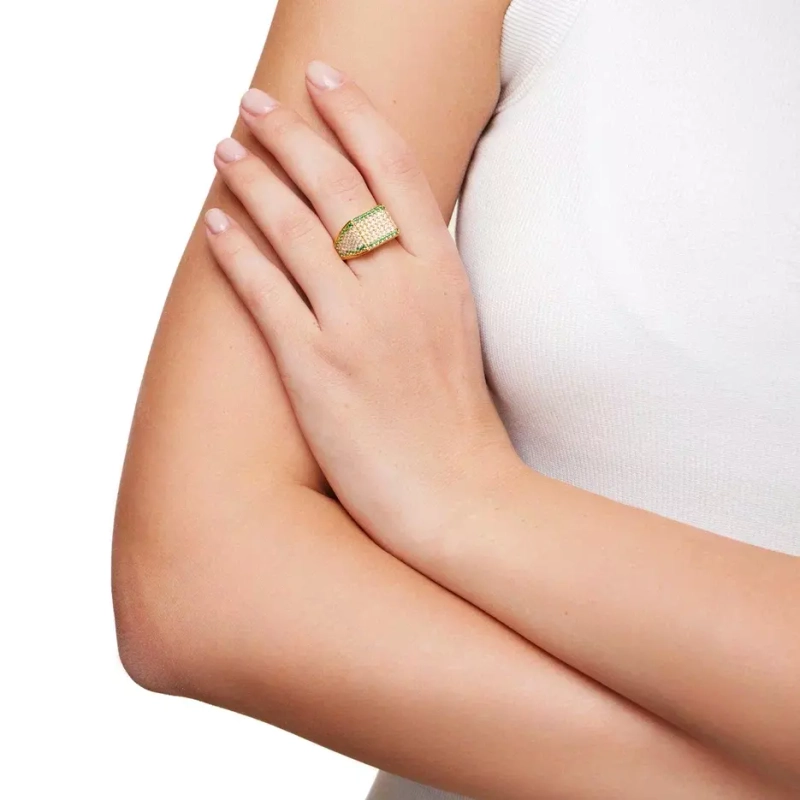 Кольцо-печатка Зеленый Квадрат – Золото
