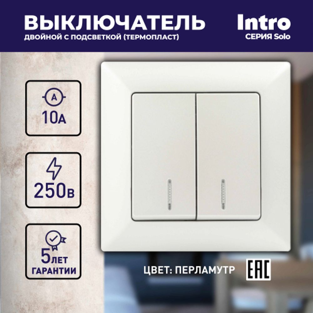 Выключатель Intro Solo 4-105-06 двухклавишный с подсветкой, 10А-250В, IP20, СУ, перламутр
