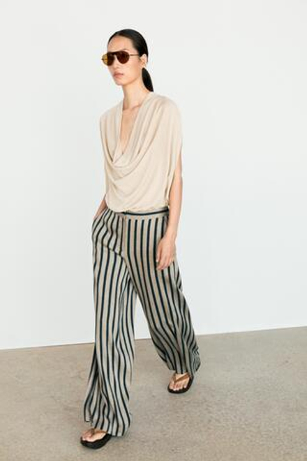 Massimo Dutti Широкие брюки в полоску из смесового льна, песочный