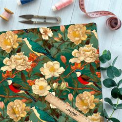 Ткань премиум шелк искусственный Армани птахи в цветущем саду