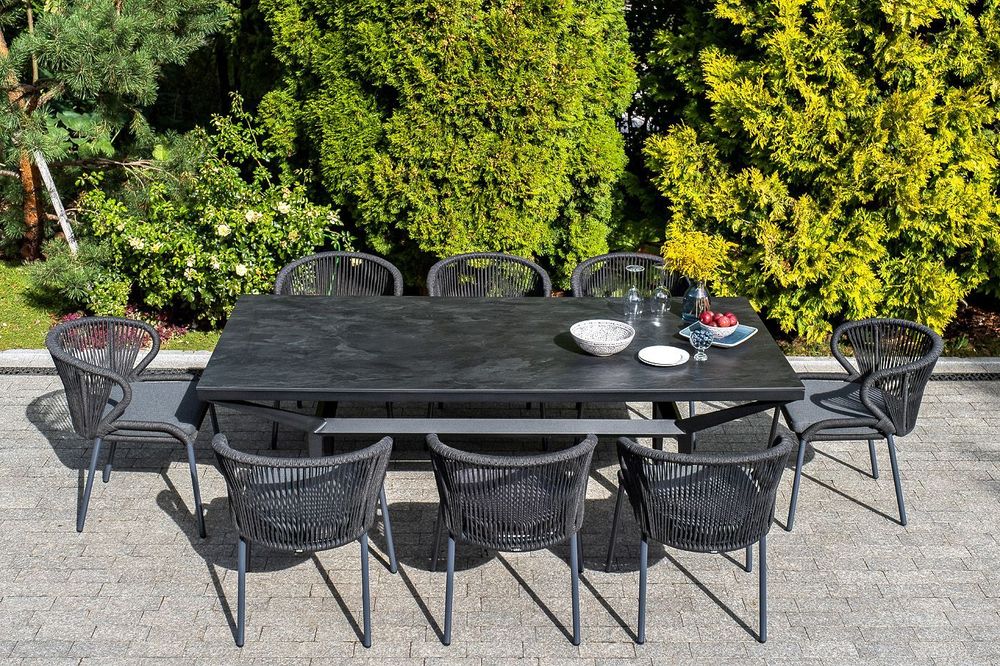 "Милан" стул плетеный из роупа, каркас алюминий темно-серый (RAL7024) муар, роуп темно-серый круглый, ткань темно-серая 027