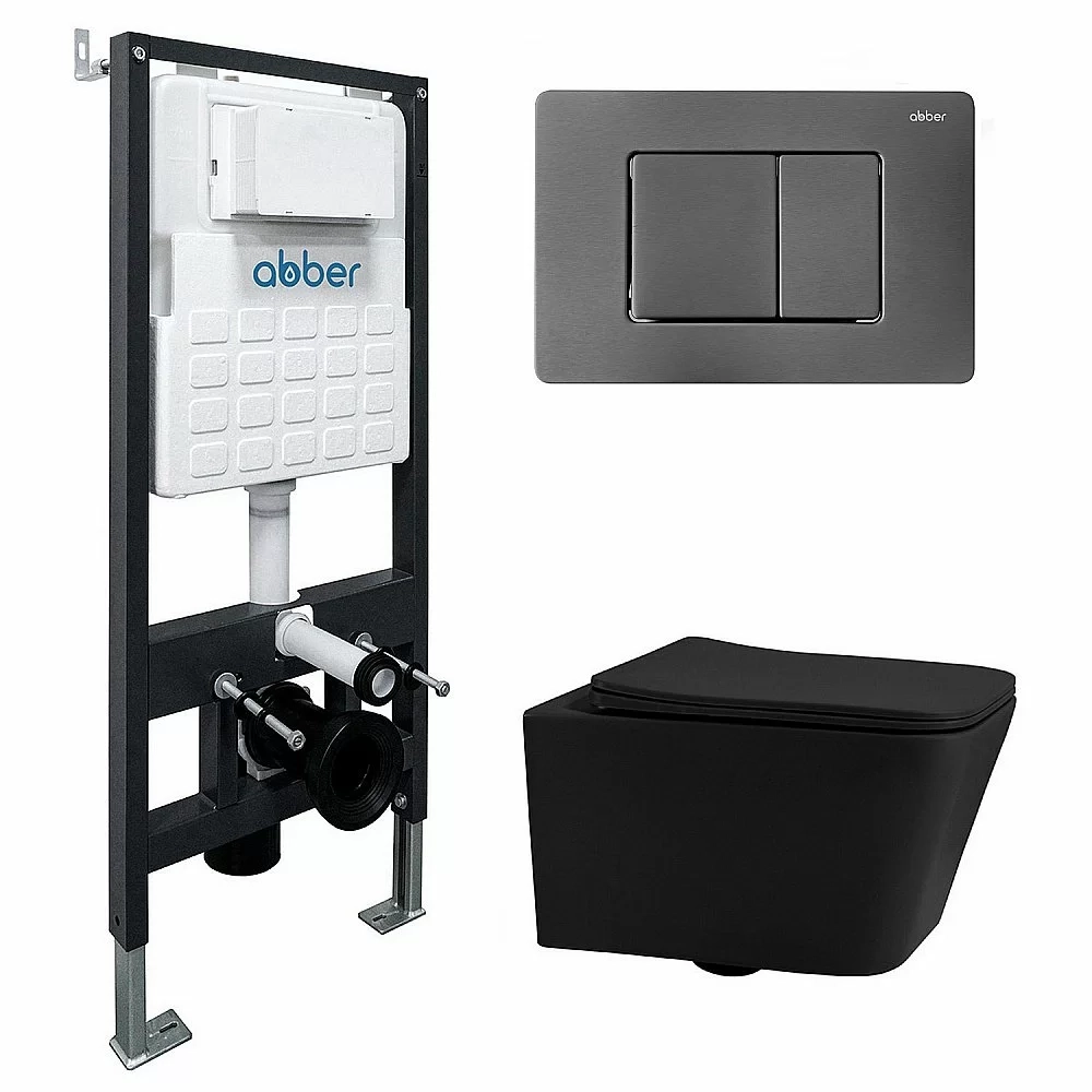 Унитаз подвесной Abber Rechteck AC1201MB-AC0105-AC0120NG черный матовый, безободковый, с инсталляцией, с крышкой микролифт, с кнопкой никель