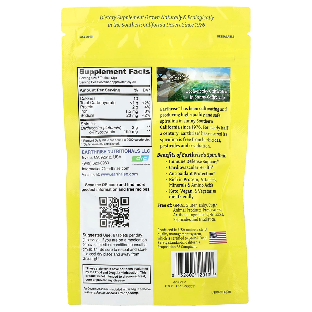 Earthrise, 100% спирулина, выращенная в Калифорнии, 500 мг, 180 таблеток