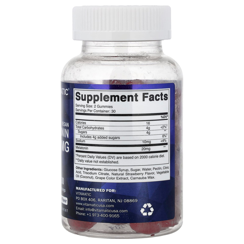 Vitamatic, веганские жевательные таблетки с мелатонином, натуральный клубничный вкус, 60 жевательных таблеток (10 мг в 1 таблетке)
